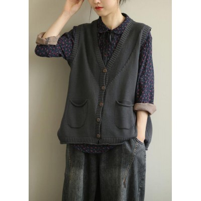 Aesthetic knitwear plus size dark gray v neck sleeveless knitted jackets