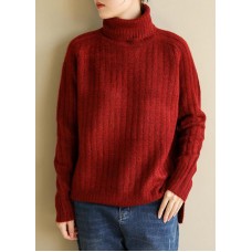 Comfy spring red knit tops fall fashion high neck knit blouse