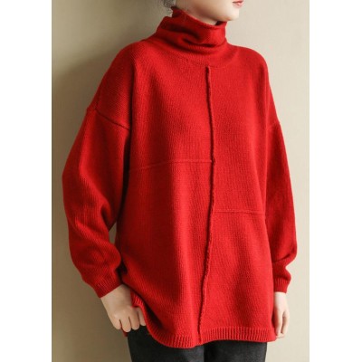 For Spring Turtleneck red knitwear fashion patchwork knitted pullover