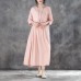 boutique linen sundress oversized Linen Round Neck Three Quarter Sleeve Pink Pleated Dress