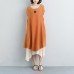 fashion linen sundress plus size False Two-piece Short Sleeve Orange Plain Dress