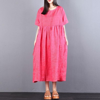 vintage linen caftans trendy plus size Loose Lacing Ramie Short Sleeve Red Pleated Dress