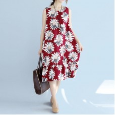 women red linen dresses oversize traveling dress Fine sleeveless floral cotton dresses