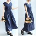 summer navy casual linen sundress plus size women v neck maxi dress