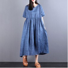 fashion long linen dresses oversize Loose Lacing Ramie Short Sleeve Blue Pleated Dress